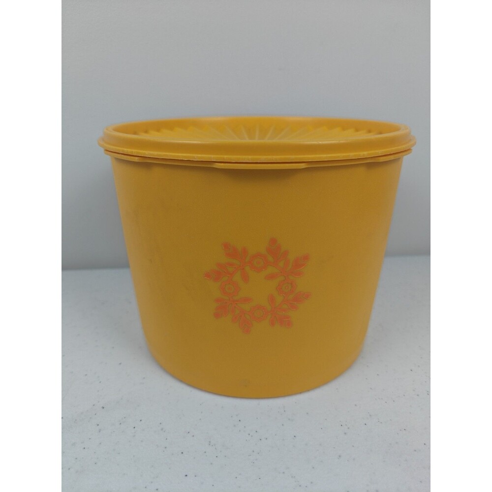 VTG Tupperware Servalier Orange/Yellow Canister 1626-2 W/Lid Harvest Wreath